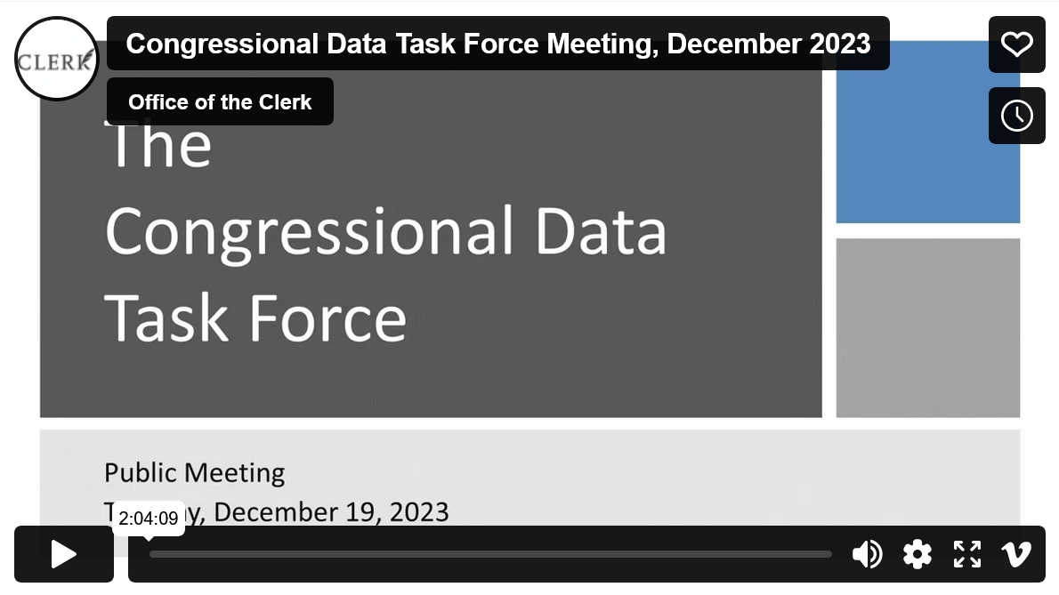 Screenshot of the title screen for the congressional data task force meeting