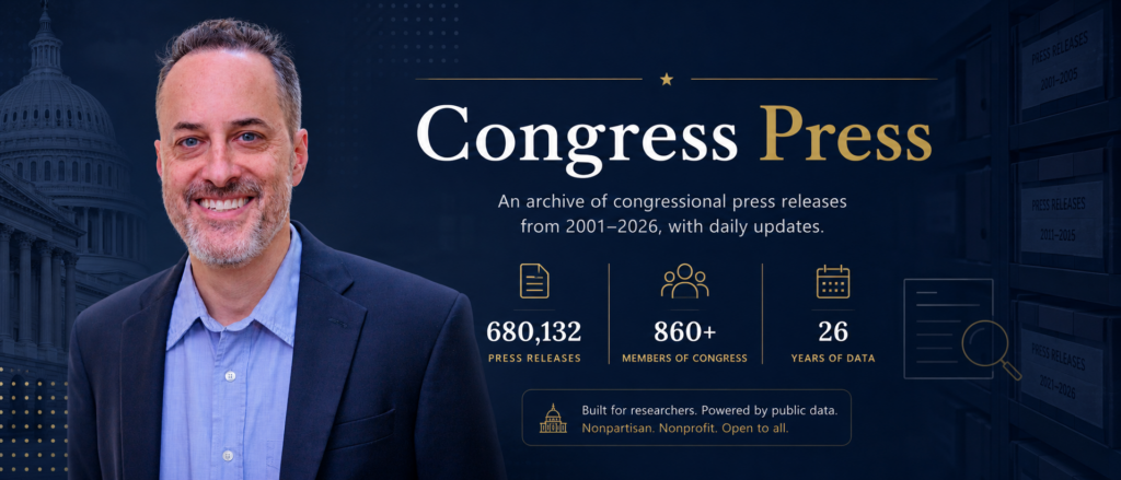 A combination of images of Derek Willis, creator of Congress Press, and information from his website about the number of press releases they have.